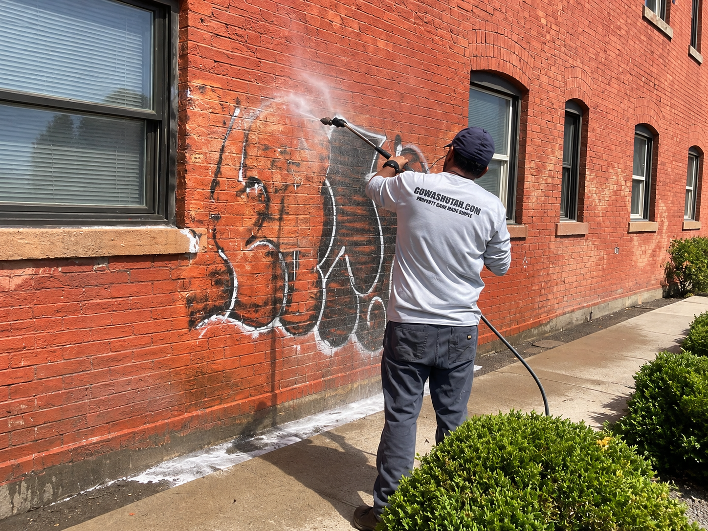 Person pressure-washes graffiti off a red brick wall beside a sidewalk.