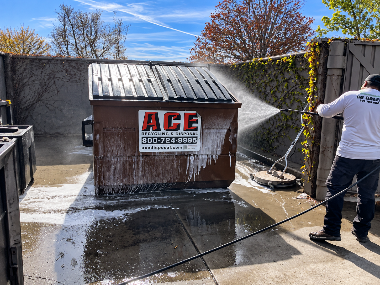 Worker pressure-washes a small ACE shed, spraying white foam across the concrete yard.