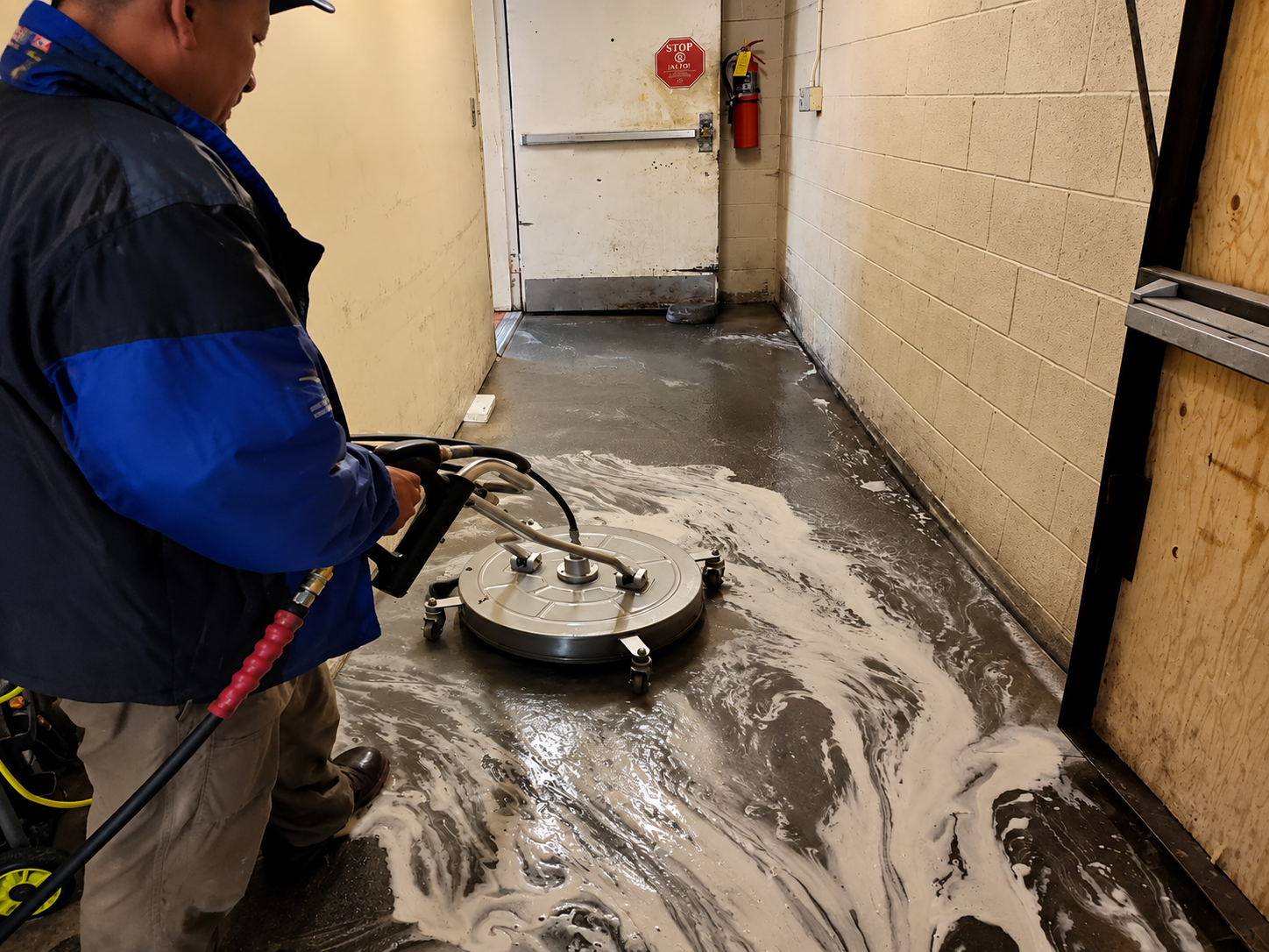 Worker using a floor buffer to clean a wet hallway with soapy water.