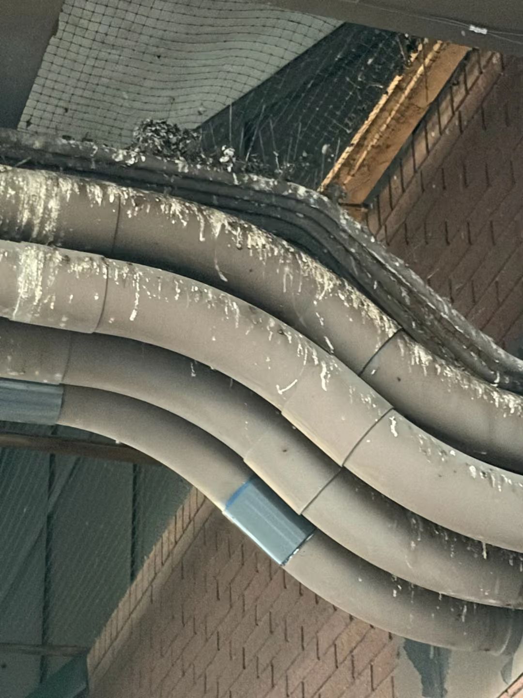 Insulated pipes and ductwork running along a brick wall in an industrial ceiling area