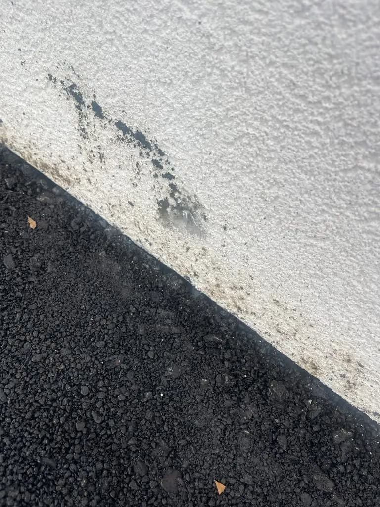 Close-up of a white textured wall meeting black asphalt, with a dark stain along the edge.