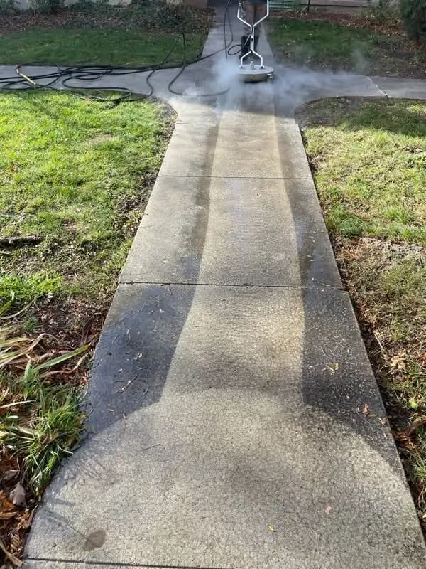 Person pressure-washing a concrete walkway in a grassy yard