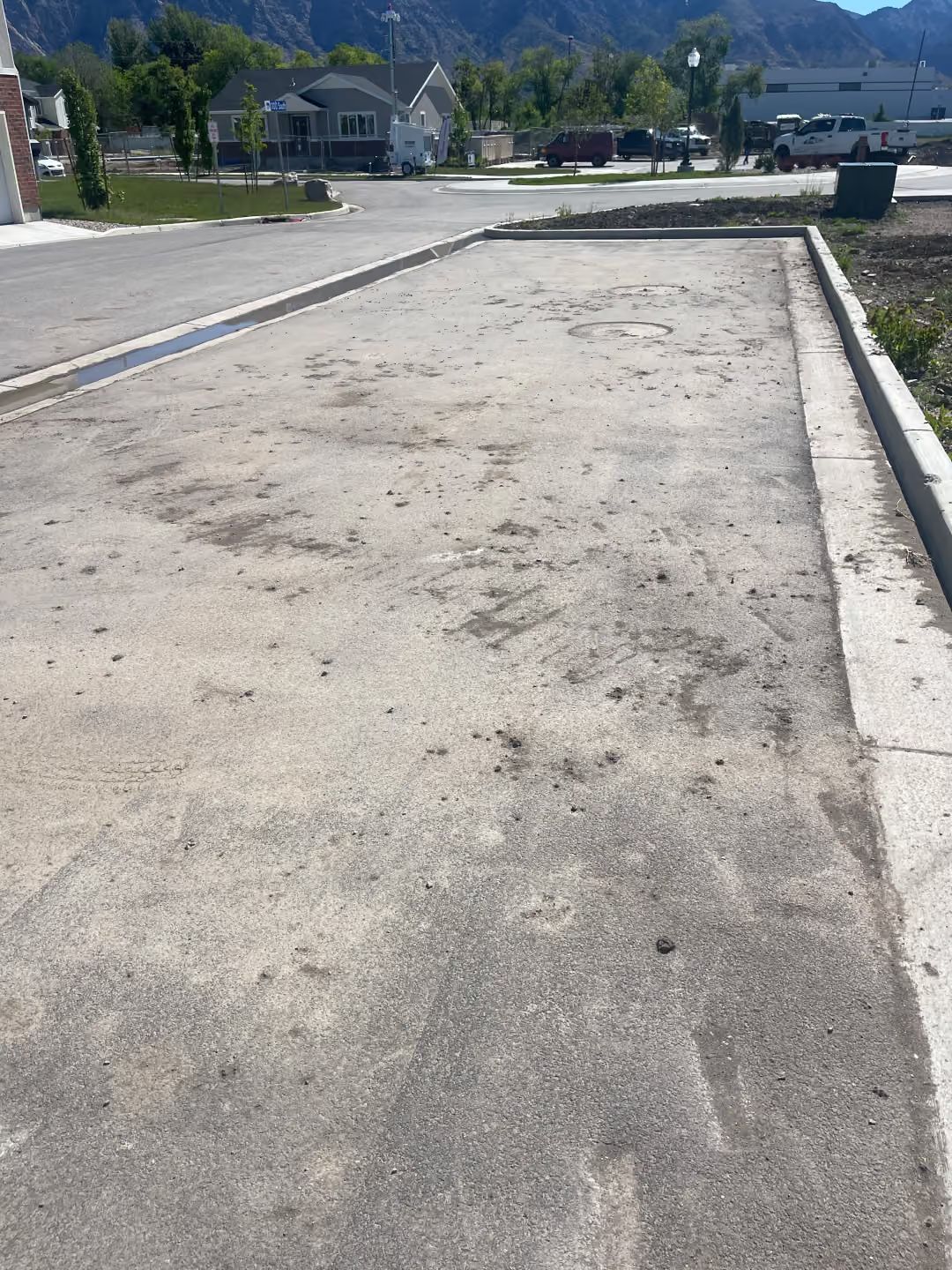 Empty paved road beside curbs in a suburban neighborhood on a sunny day