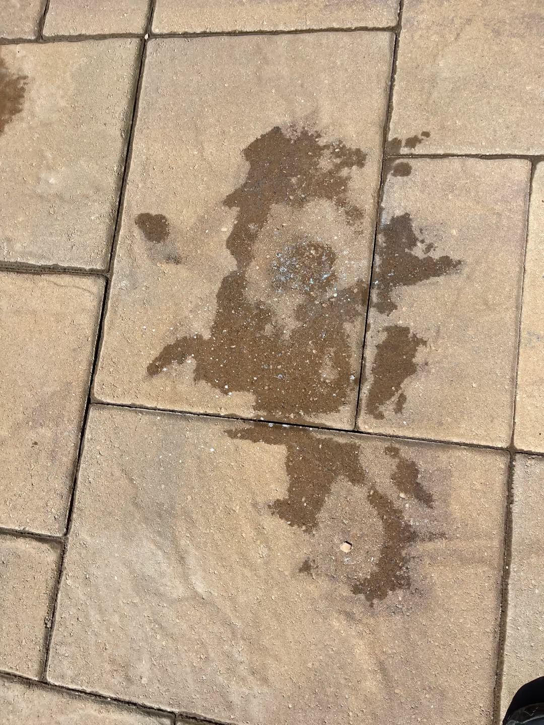 Wet brown stain on beige stone patio pavers