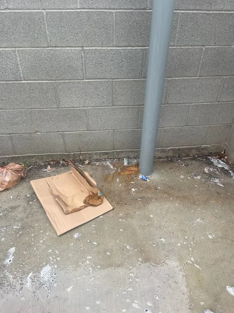 Concrete wall with a gray pipe and a cardboard box lying on wet ground.