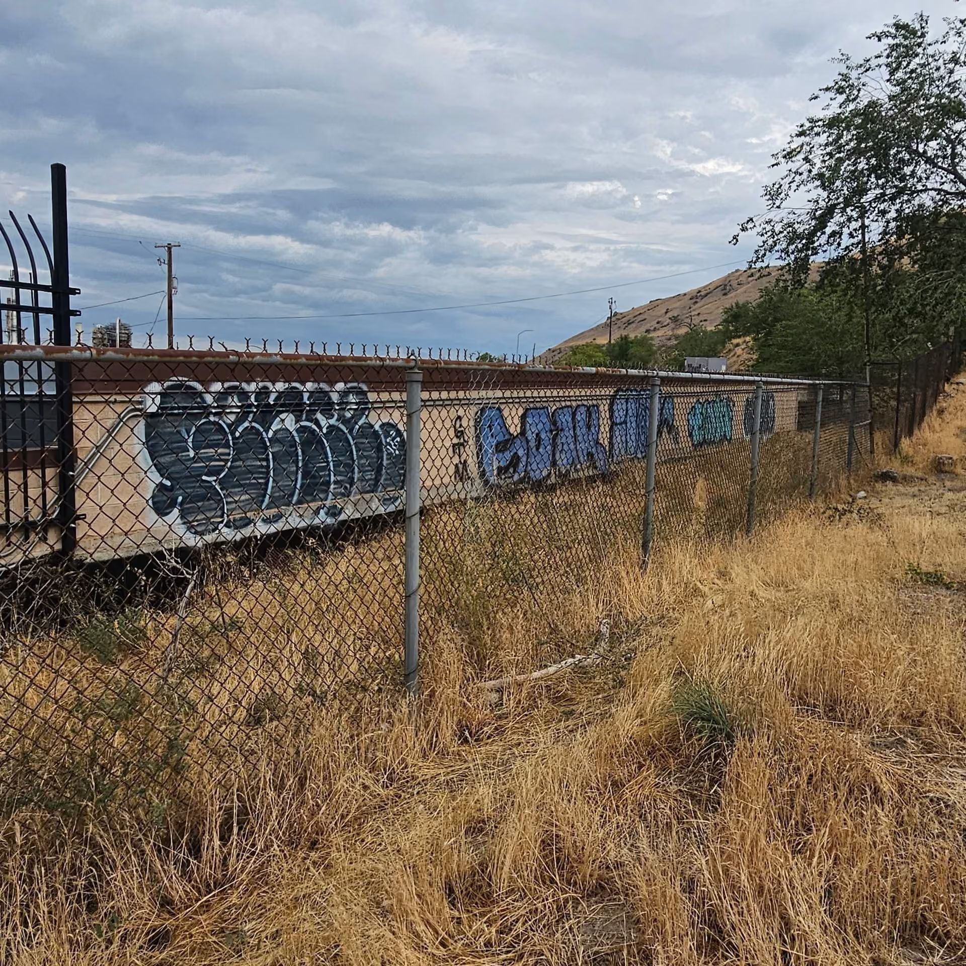 Chain-link fence with graffiti along a dry grassy roadside under a cloudy sky, with trees and hills nearby
