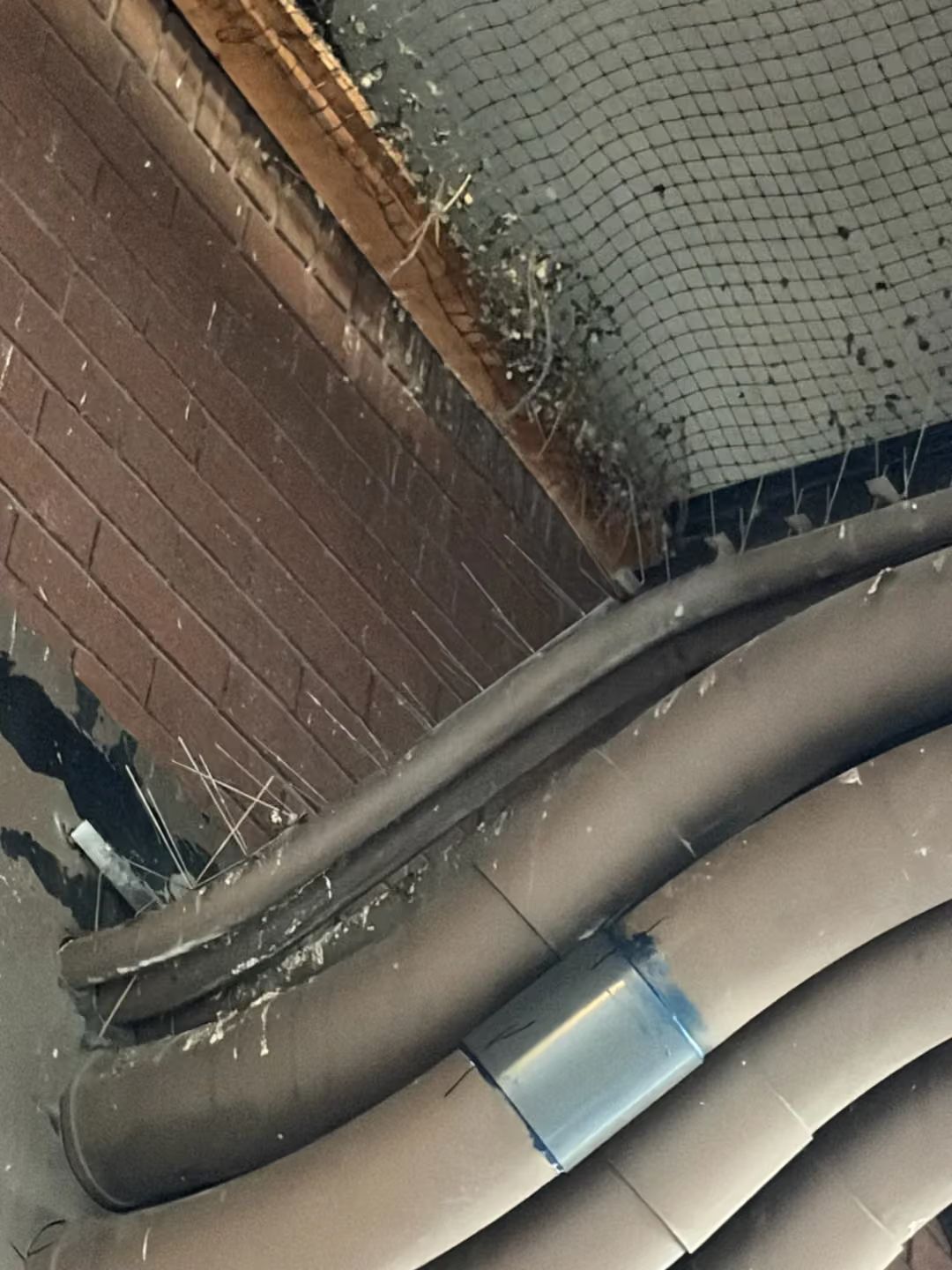 Coiled tan hoses beneath a brick wall and wire mesh in a corner, with a metal clamp visible.