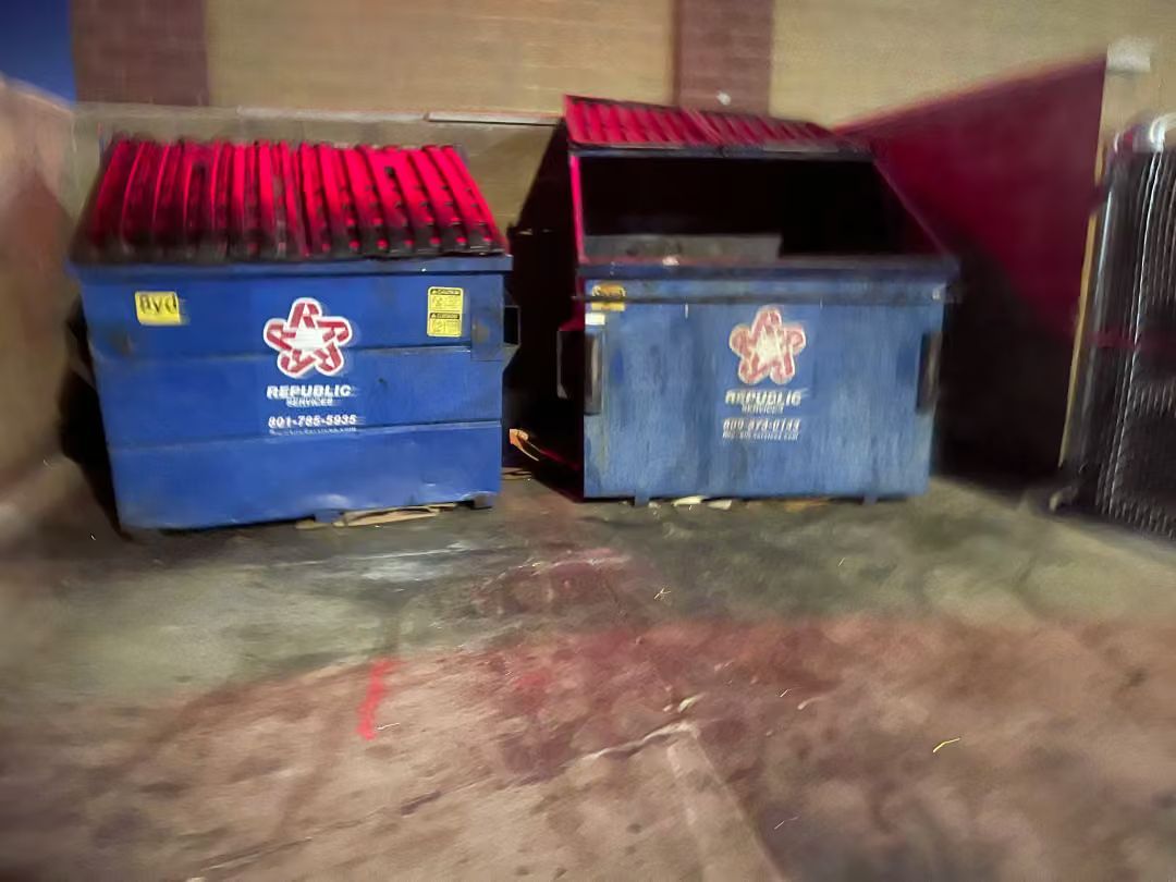 Two blue dumpsters with red lids against a wall in an industrial alley
