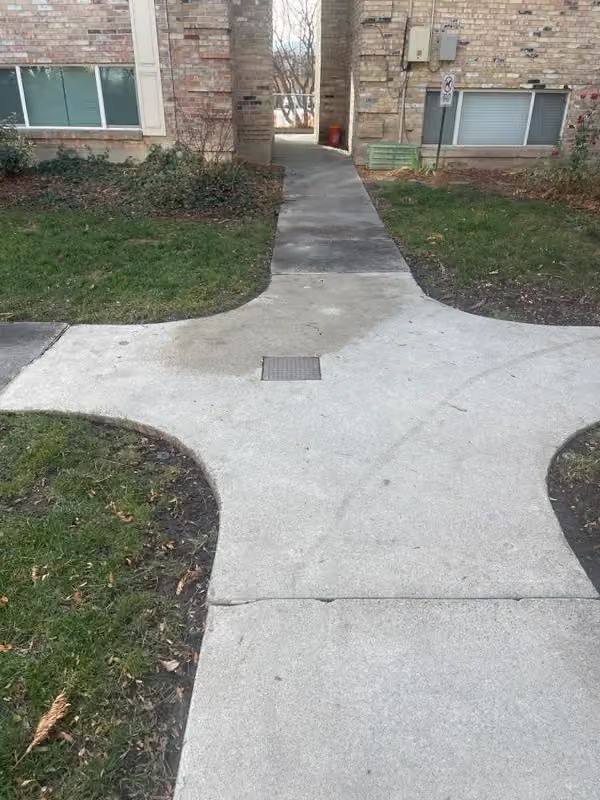 Concrete sidewalk branching to two apartment entrances, with a small drainage grate in the center.