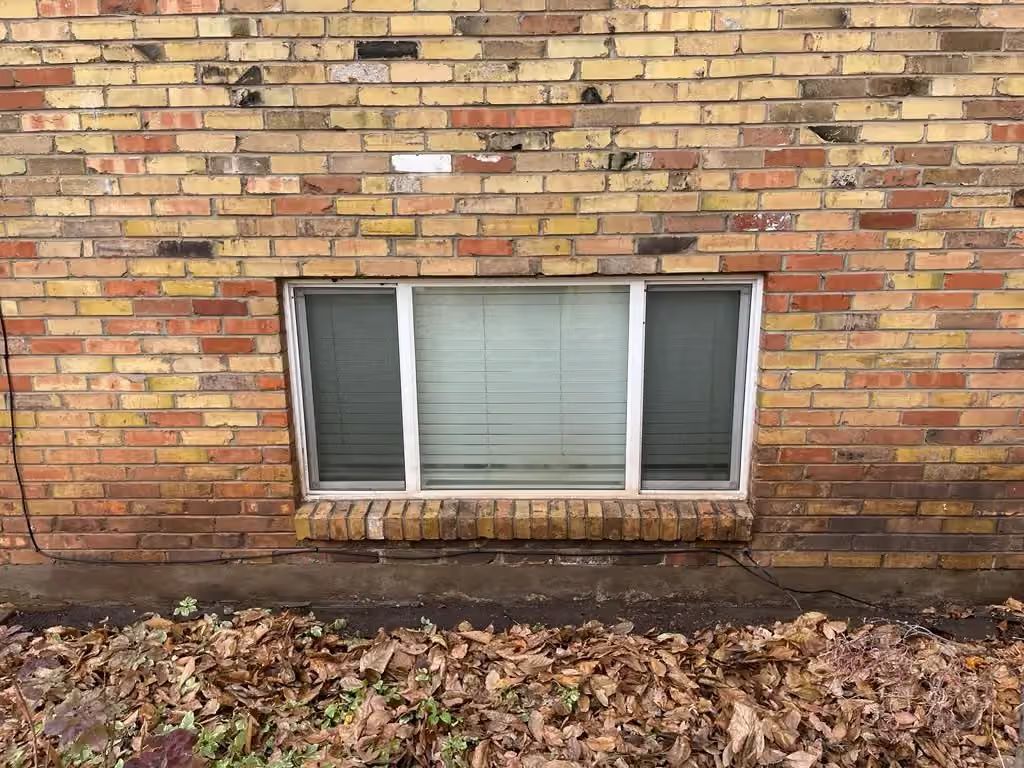 Basement window in a brick wall with fallen leaves along the ground