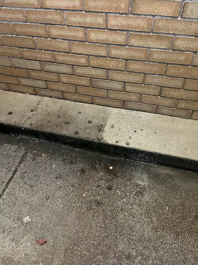 Wet concrete sidewalk beside a tan brick wall with a dark damp stain along the curb.