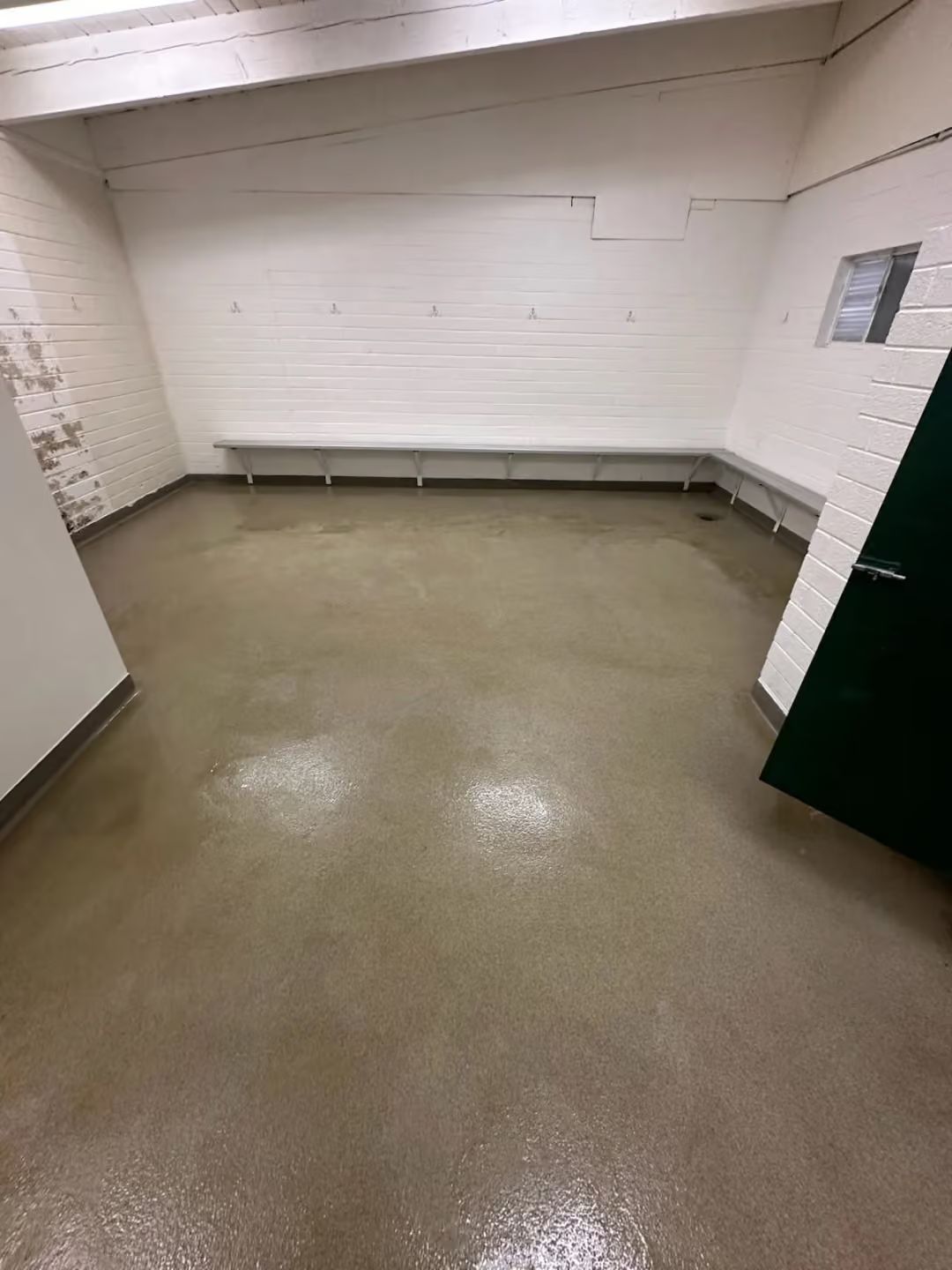 Empty white basement room with a concrete floor and a small wall window