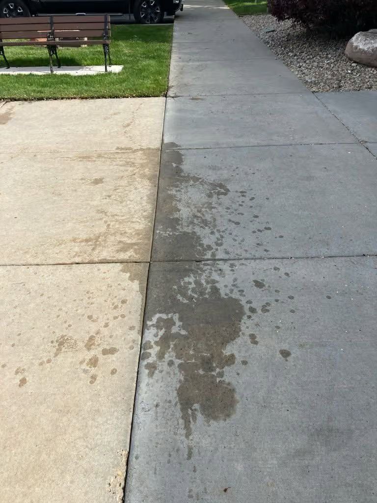 Concrete sidewalk with a wet patch along the edge beside a grassy park bench area
