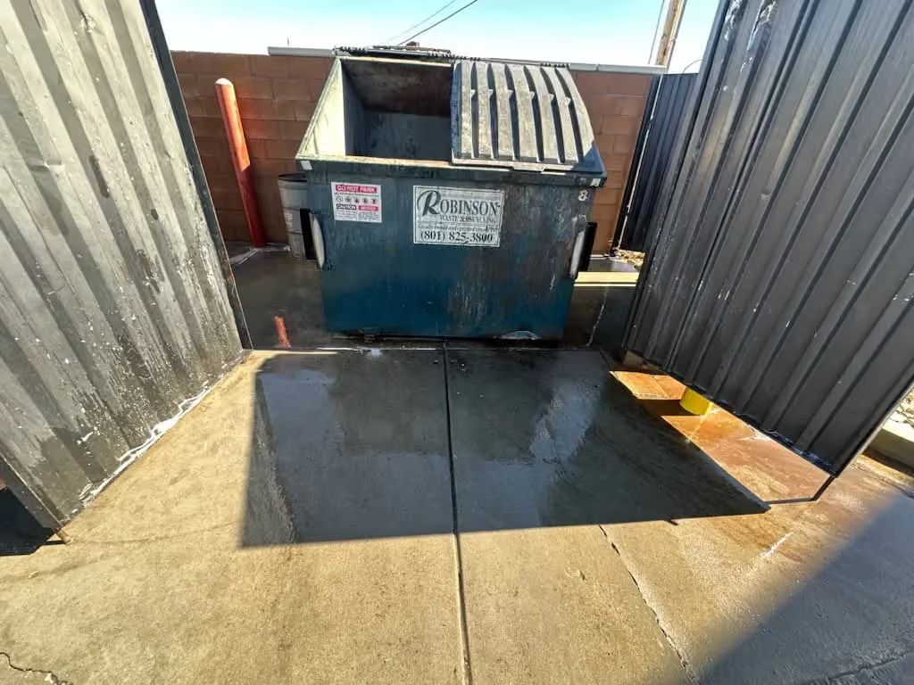 Blue dumpster in a narrow alley beside corrugated metal walls, with a wet concrete patch in front.