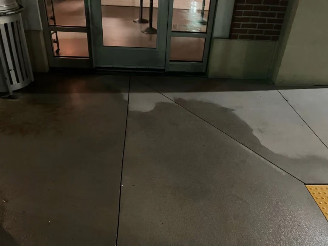 Wet concrete sidewalk leading to glass doors at a building entrance