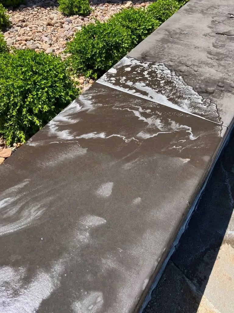 Wet concrete walkway beside green shrubs and gravel, with white residue streaks on the surface