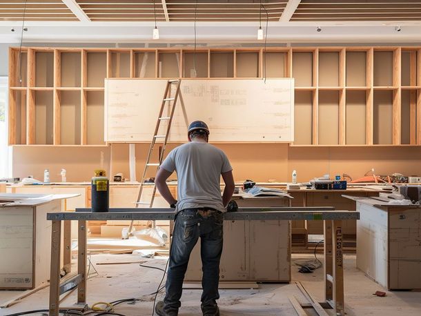 A man is standing at a table in a kitchen under construction.