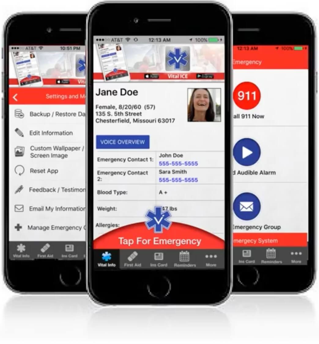 Three cell phones are displaying a jane doe emergency app