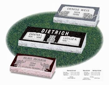 Three grave markers are sitting on top of a lush green field.