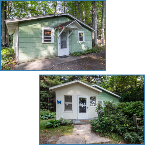 Two pictures of a small house with a butterfly on the door