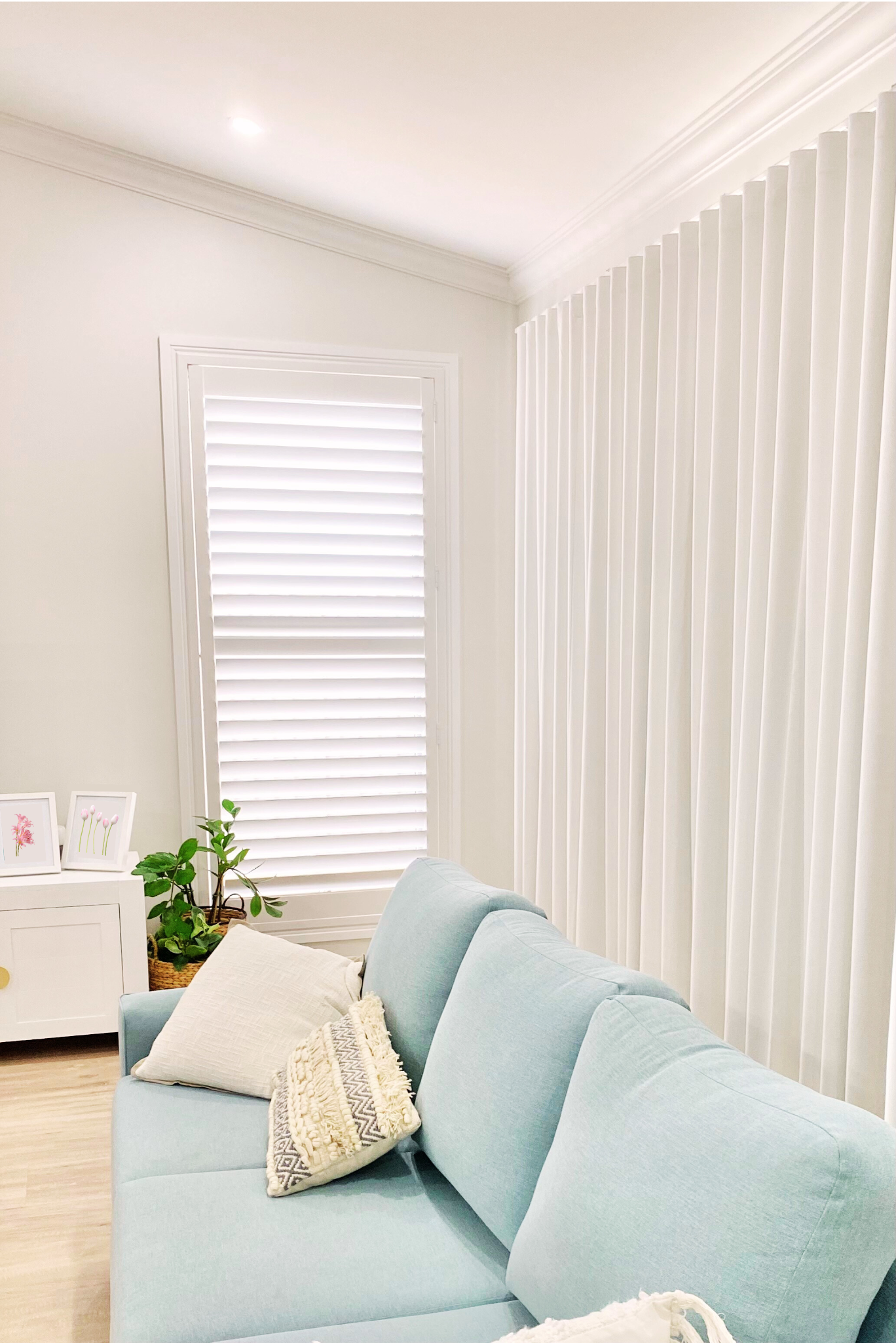 white shutters and white block out curtains