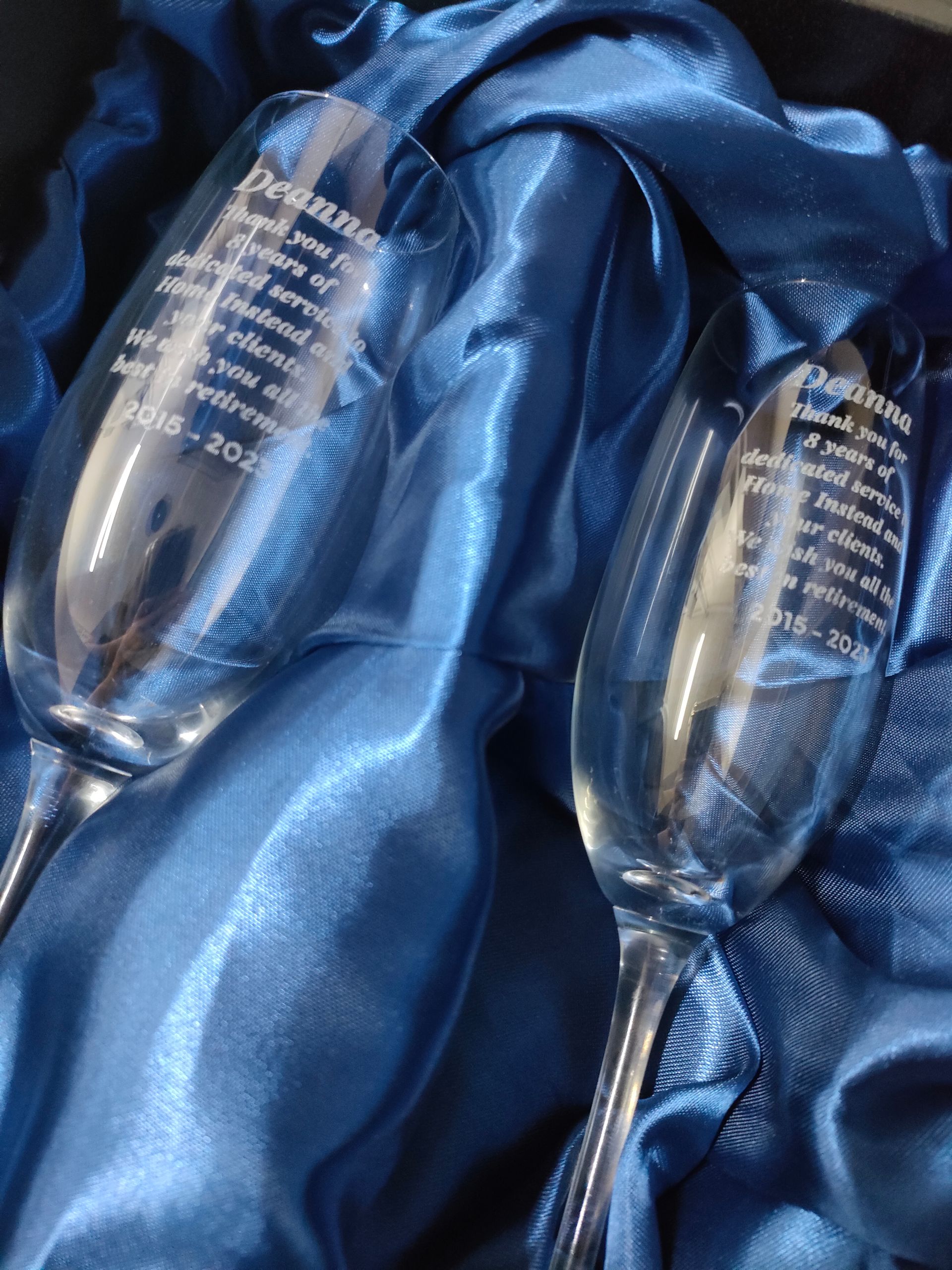 Two Wine Glasses With Personalised Engraving In A Blue Velvet Box — NMTG Engraving in Helensburgh, NSW