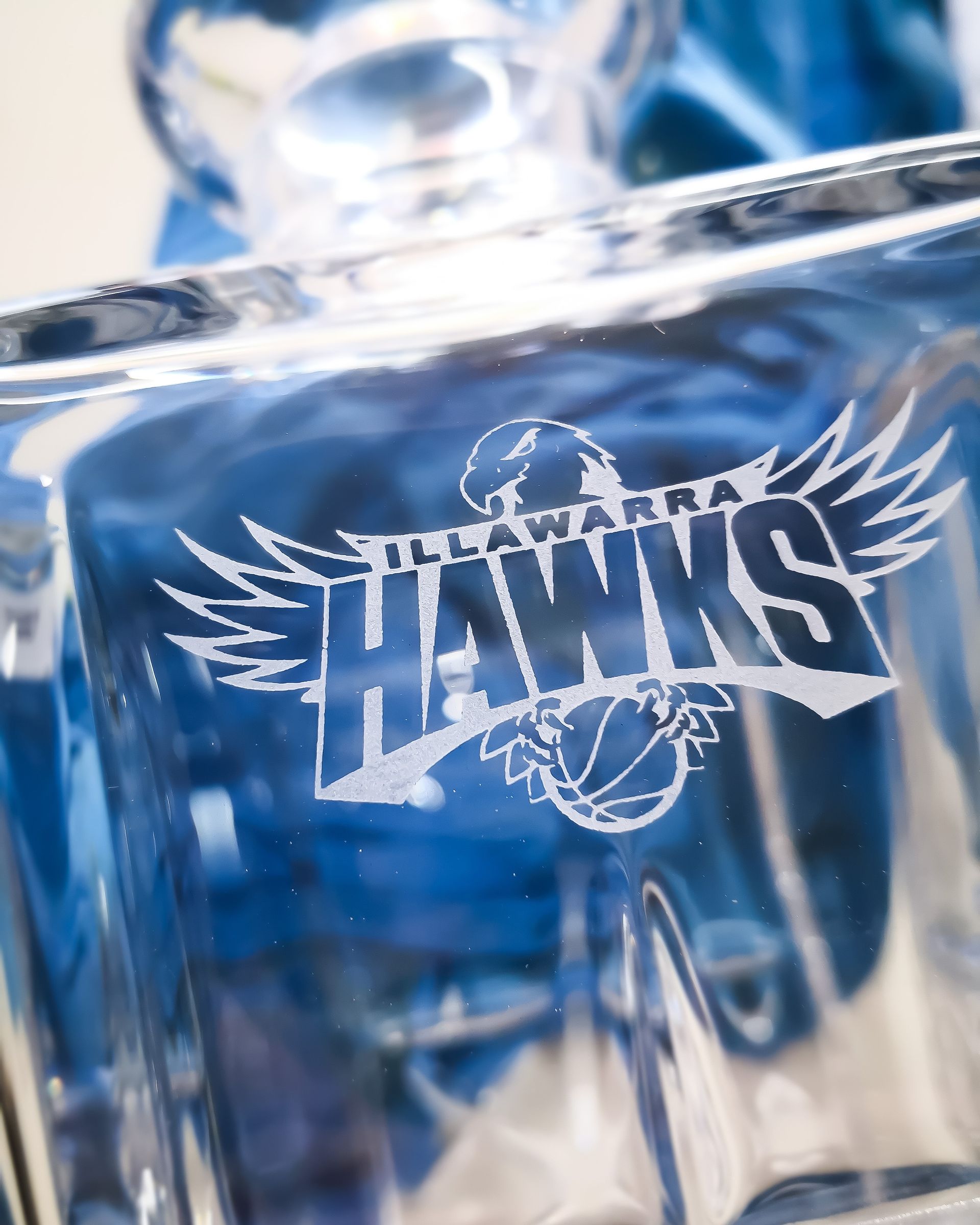 Hawks Illawarra Emblem Engraved Into Glass — NMTG Engraving in Wollongong, NSW