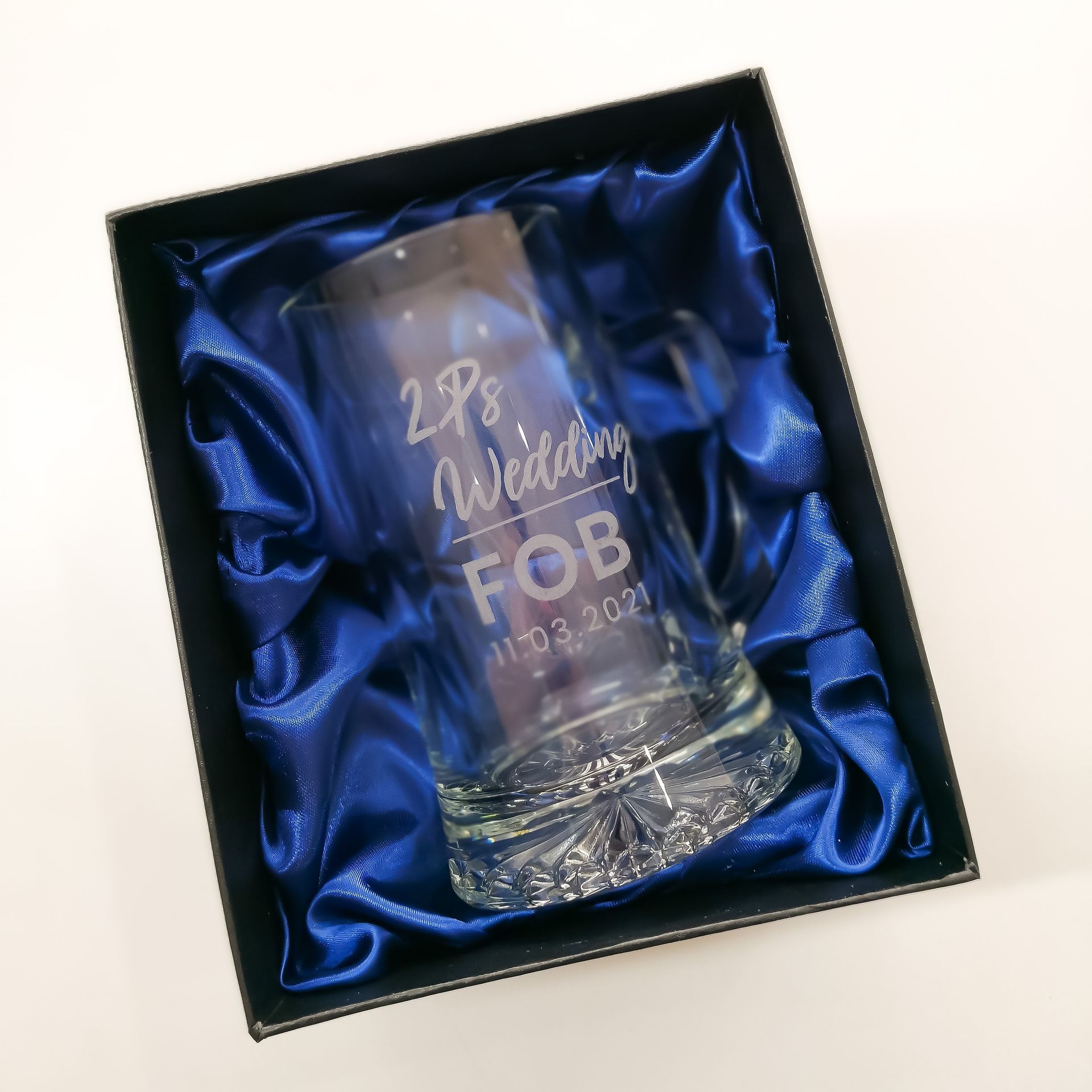 Glass Engraved With Wedding Personalised Message In A Blue Box  — NMTG Engraving in Wollongong, NSW