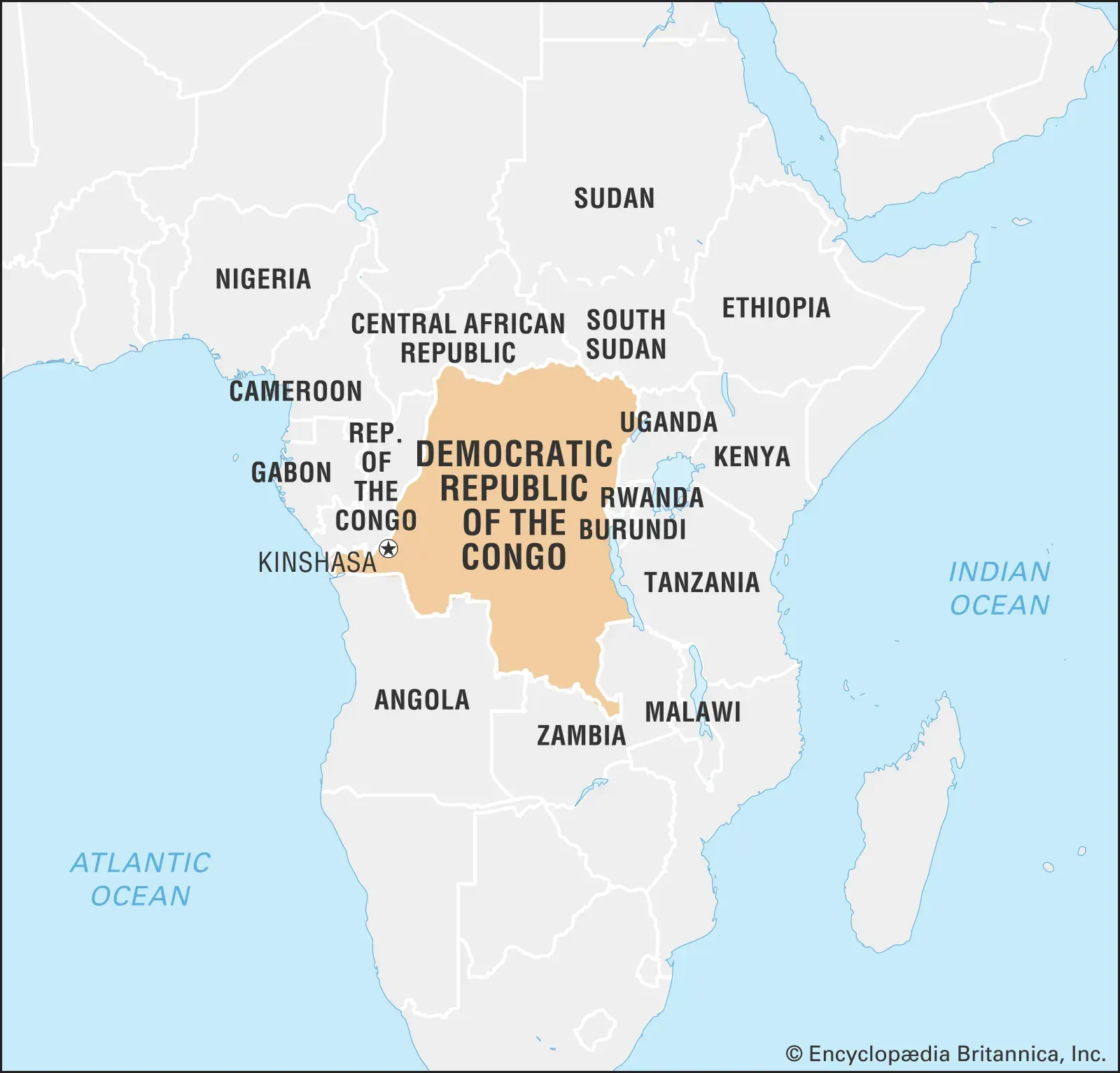 Map of Central Africa highlighting the Democratic Republic of the Congo in orange and neighboring countries.