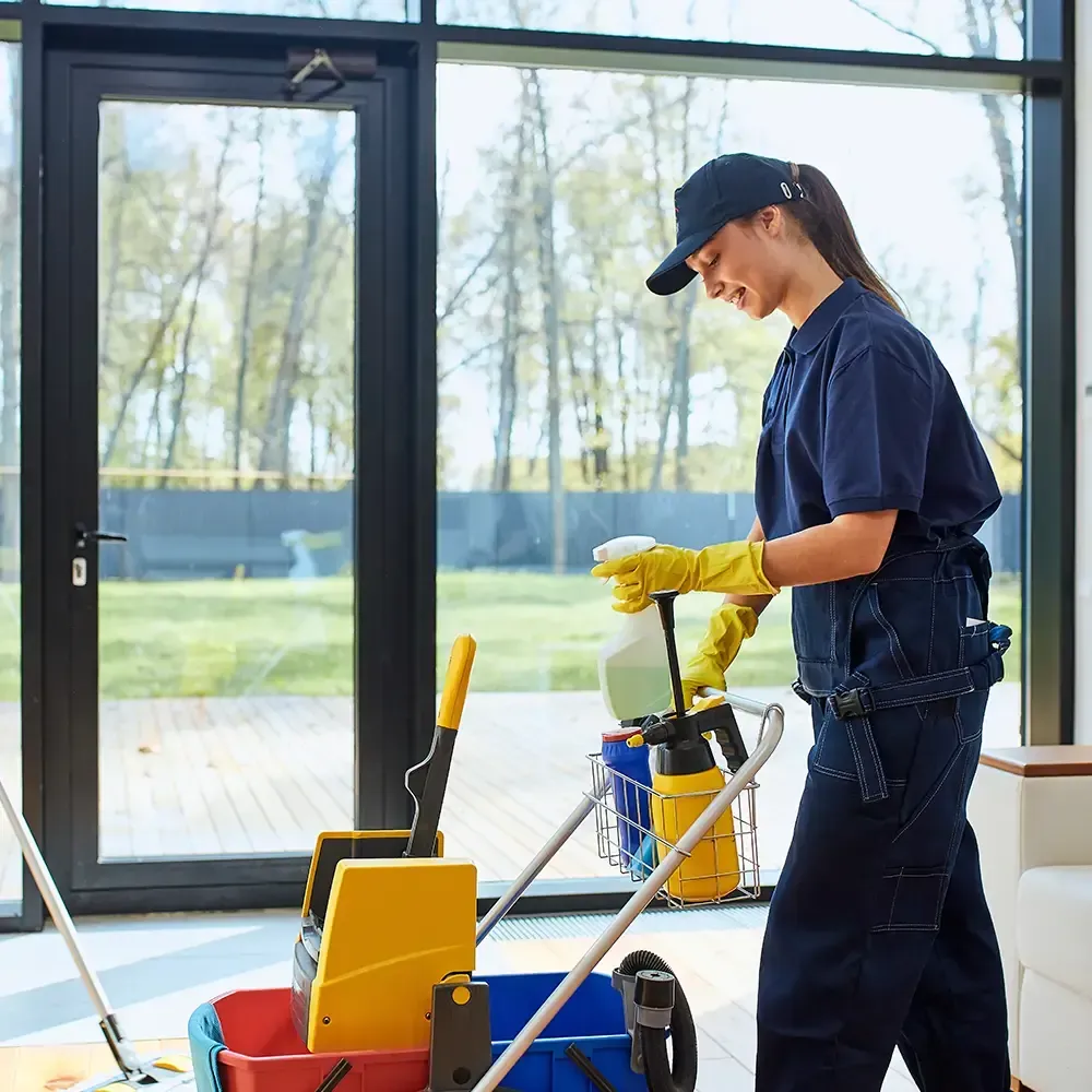 A professional cleaner in a dark blue uniform pushing a cleaning cart with equipment in front of a large window.