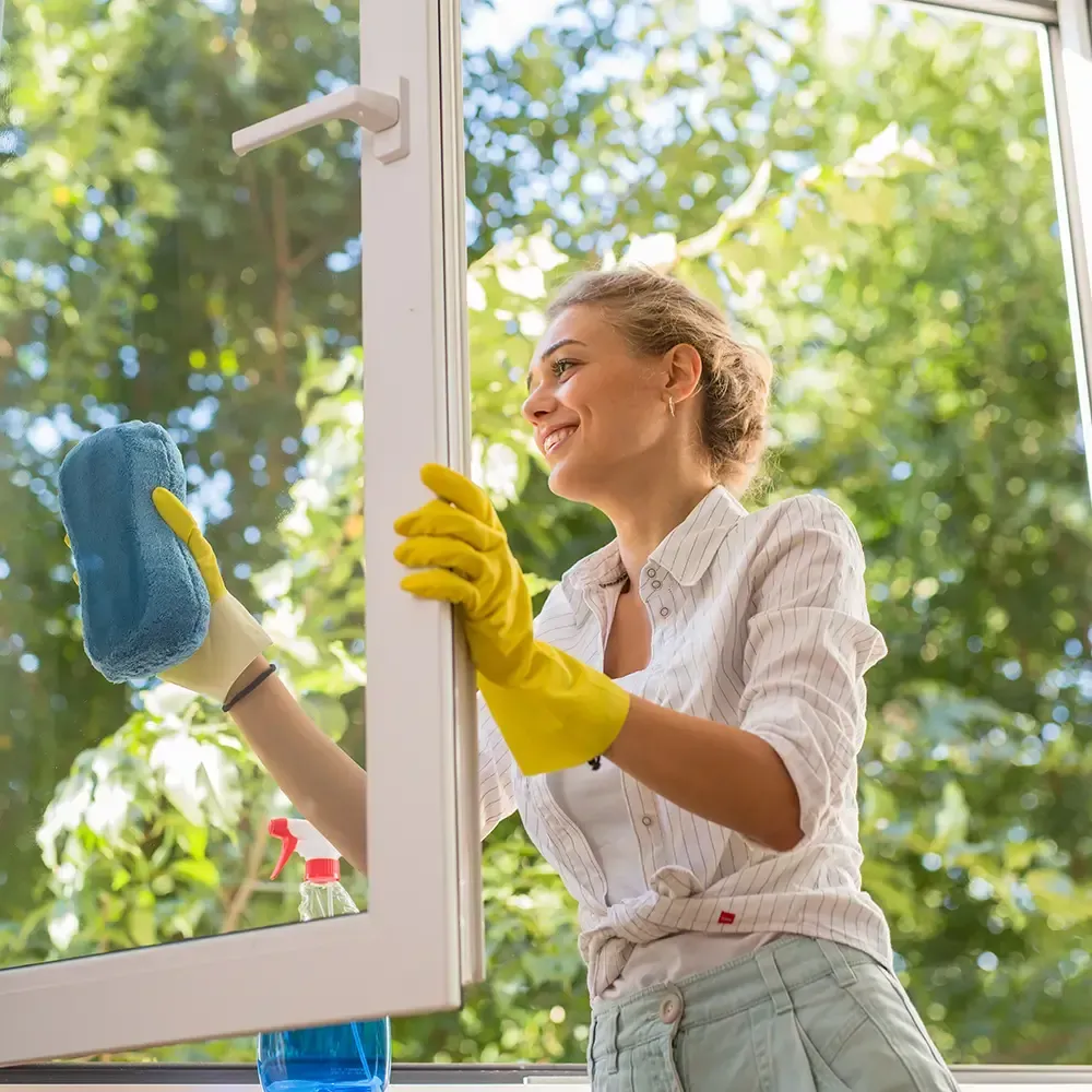 A person wearing yellow rubber gloves smiles while cleaning a window with a blue sponge against a background of trees.
