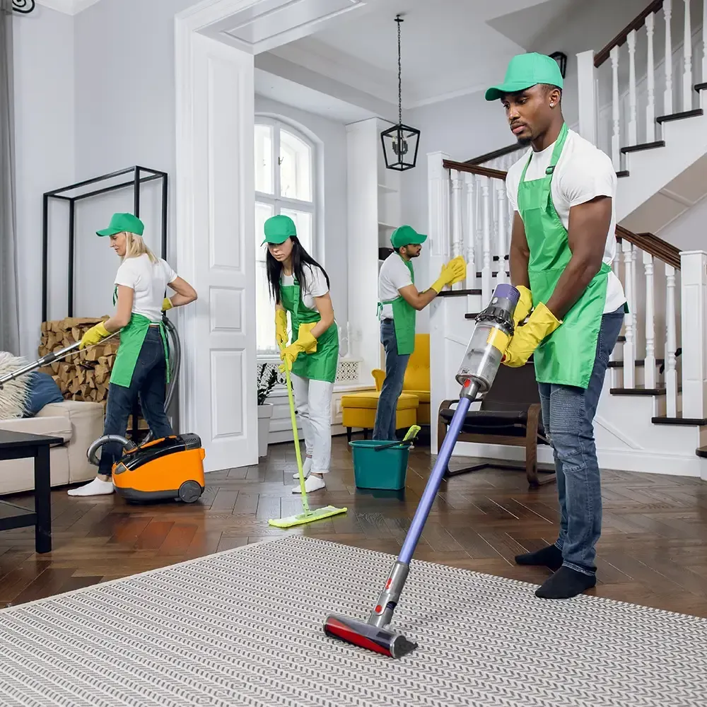 Three people in green caps and aprons clean a bright, modern living room using a vacuum, mop, and floor scrubber.