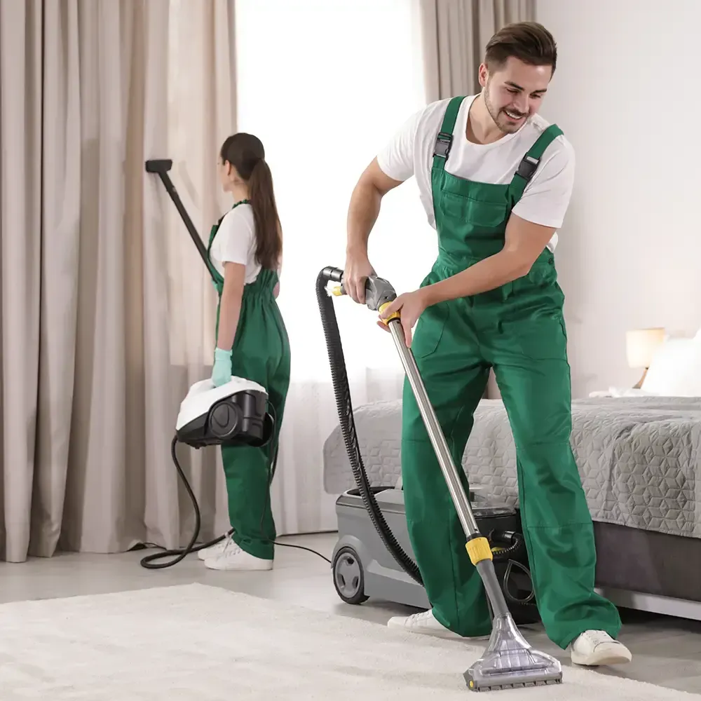 Two people in green overalls clean a bedroom, one using a carpet cleaner on the rug and the other a steamer on curtains.