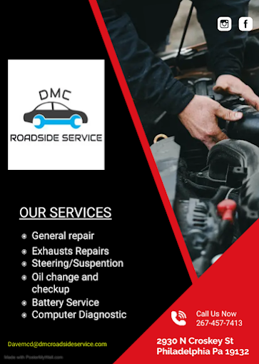A flyer for dmc roadside service shows a man working on a car