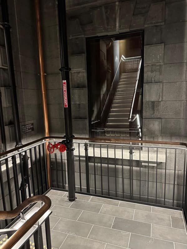 A staircase with a railing and a fire hydrant in a building.
