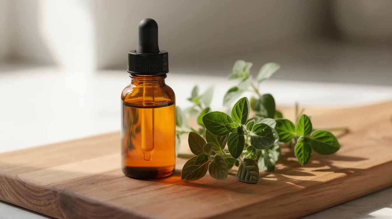 The image features a glass dropper bottle filled with amber oregano essential oil, positioned next to fresh oregano sprigs on a wooden cutting board. This natural oil is known for its many health benefits, including potent antibacterial effects and potential support for weight loss.
