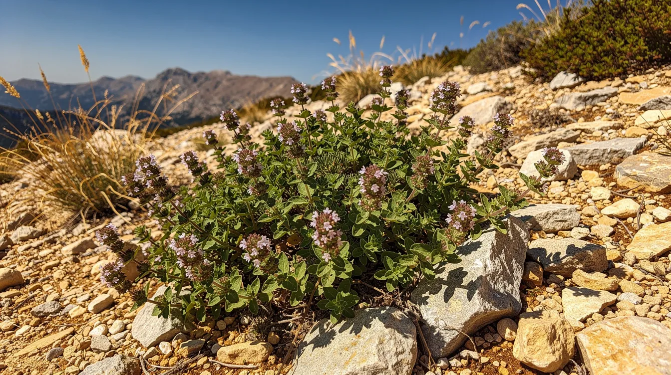 Purple wildflowers growing among rocky desert scrub with mountains in the background