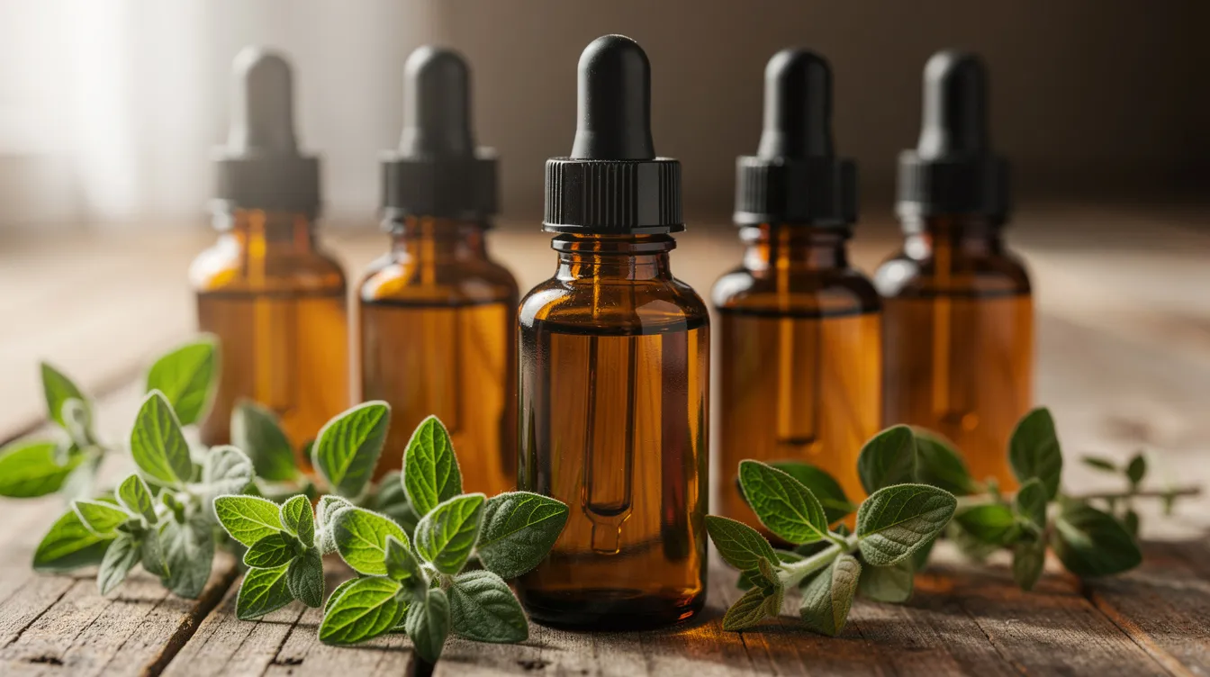Amber essential oil bottles with dropper caps and green herbs on a wooden table