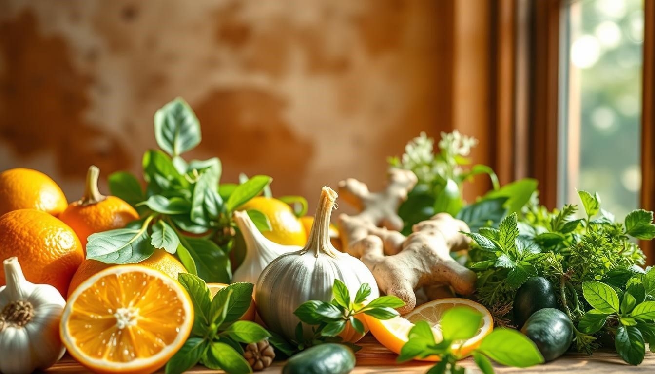 Oranges, lemons, garlic, pumpkin, ginger, and herbs arranged on a wooden surface near a window.