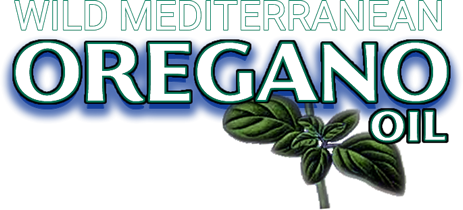 Logo for "Wild Mediterranean Oregano Oil" featuring large white text and a green sprig of oregano on a white background.