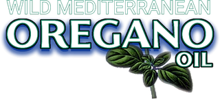 Logo for "Wild Mediterranean Oregano Oil" featuring large white text and a green sprig of oregano on a white background.