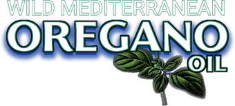 Logo for "Wild Mediterranean Oregano Oil" featuring large white text and a green sprig of oregano on a white background.
