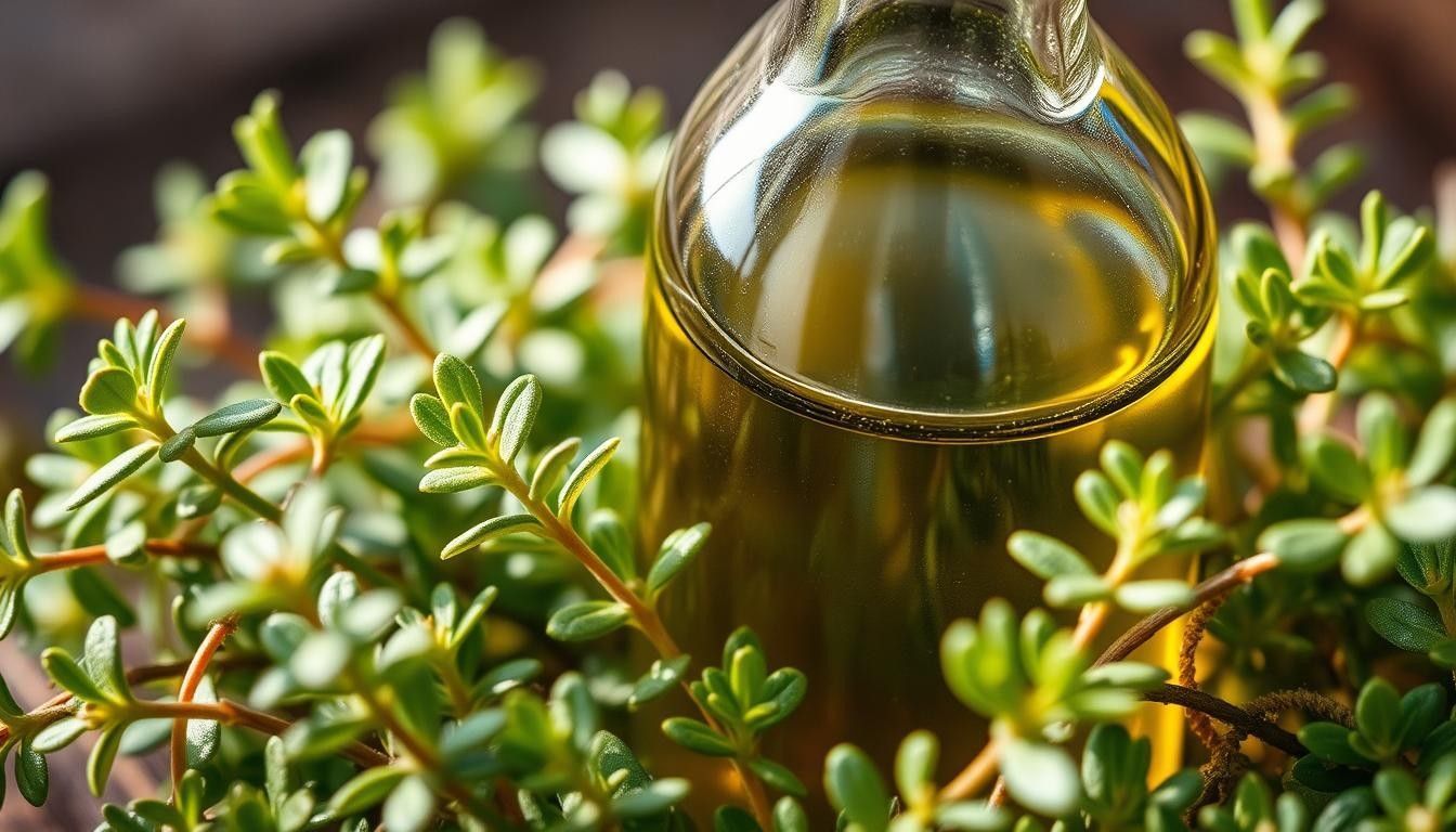 A bottle of thyme oil is surrounded by thyme leaves.