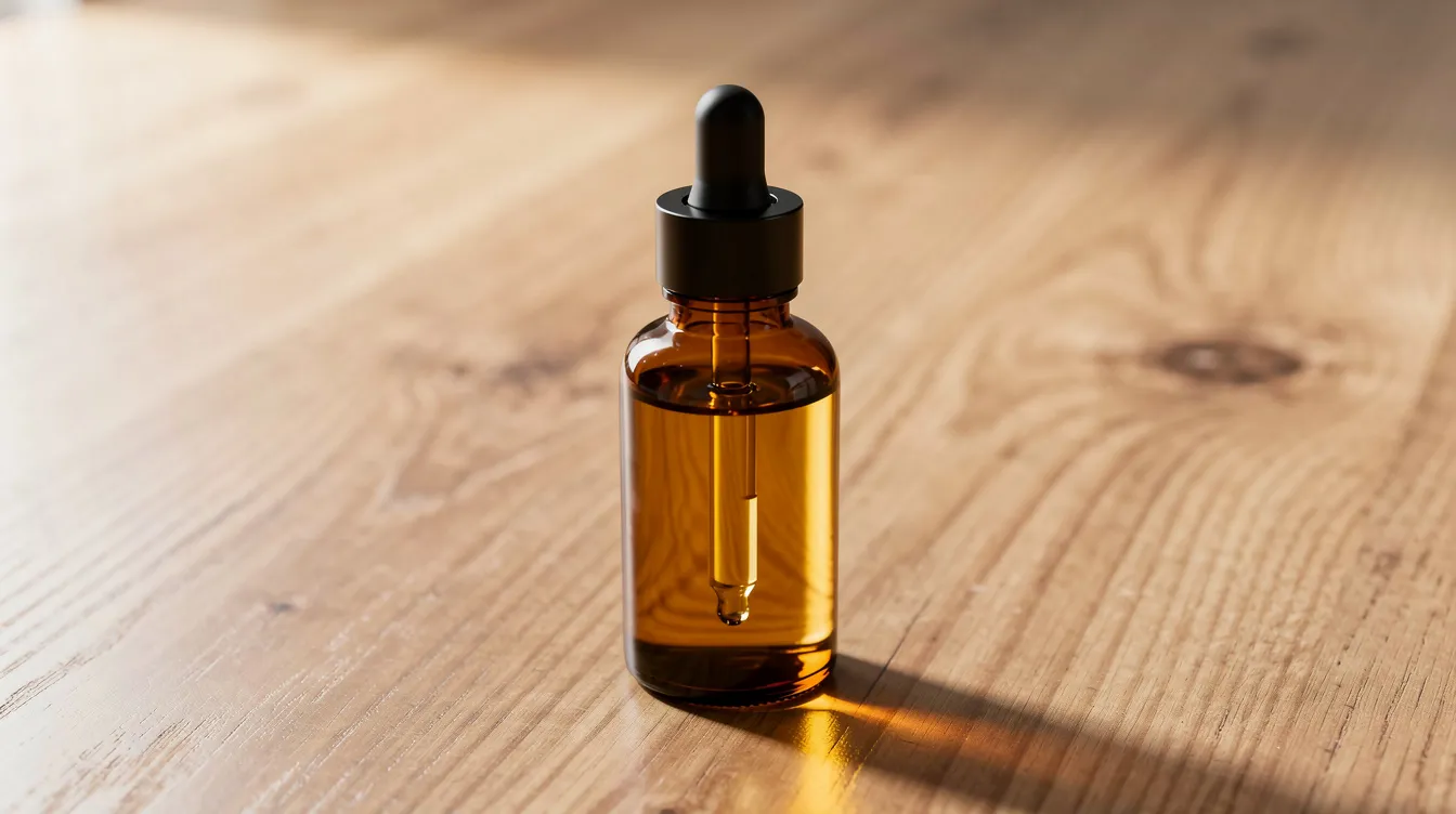 An amber glass dropper bottle filled with golden liquid, likely oregano essential oil, rests on a natural wooden surface, suggesting its use for health benefits such as alleviating cold or flu symptoms. The bottle's design emphasizes the potency of the oil, which is known for its antimicrobial and antiviral properties.