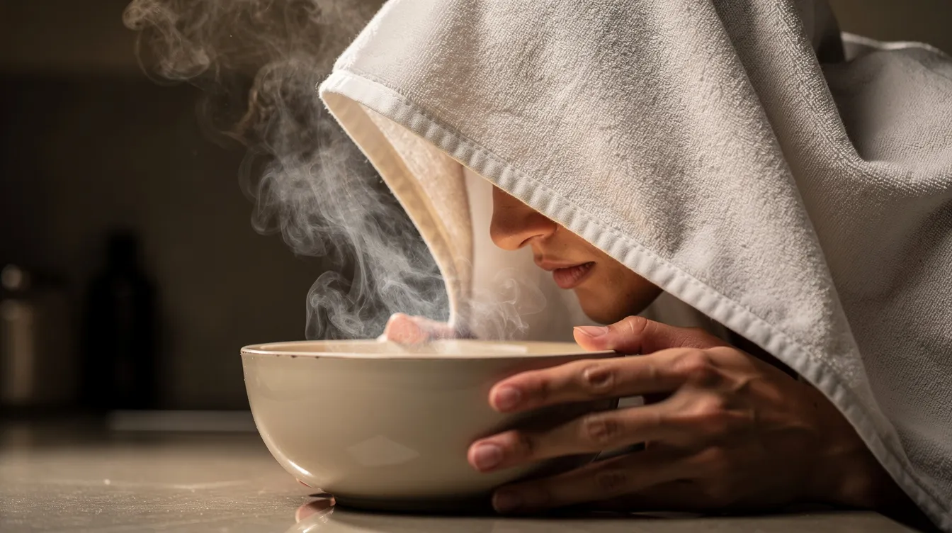 A person is leaning over a steaming bowl, with a towel draped over their head, likely using steam inhalation to alleviate cold or flu symptoms. This method may help clear sinus congestion and support respiratory health, possibly enhanced by the antimicrobial properties of oregano oil.