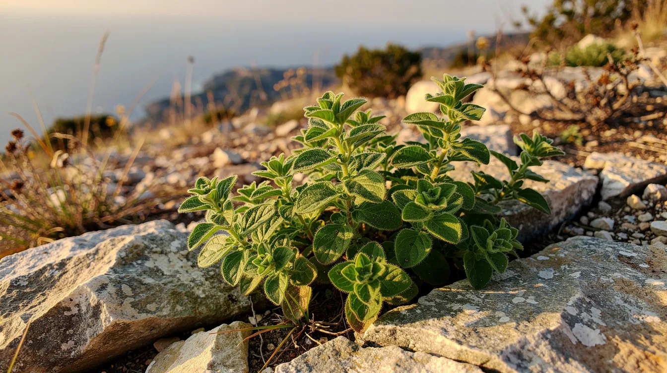 A lush oregano plant thrives on a rocky Mediterranean hillside, showcasing its vibrant green leaves