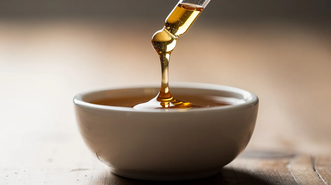 A close-up view shows a glass dropper releasing golden drops of oregano oil into a small ceramic bowl, highlighting the oil's rich color and texture. This concentrated oil is known for its various health benefits, including potential relief from digestive issues and inflammation.