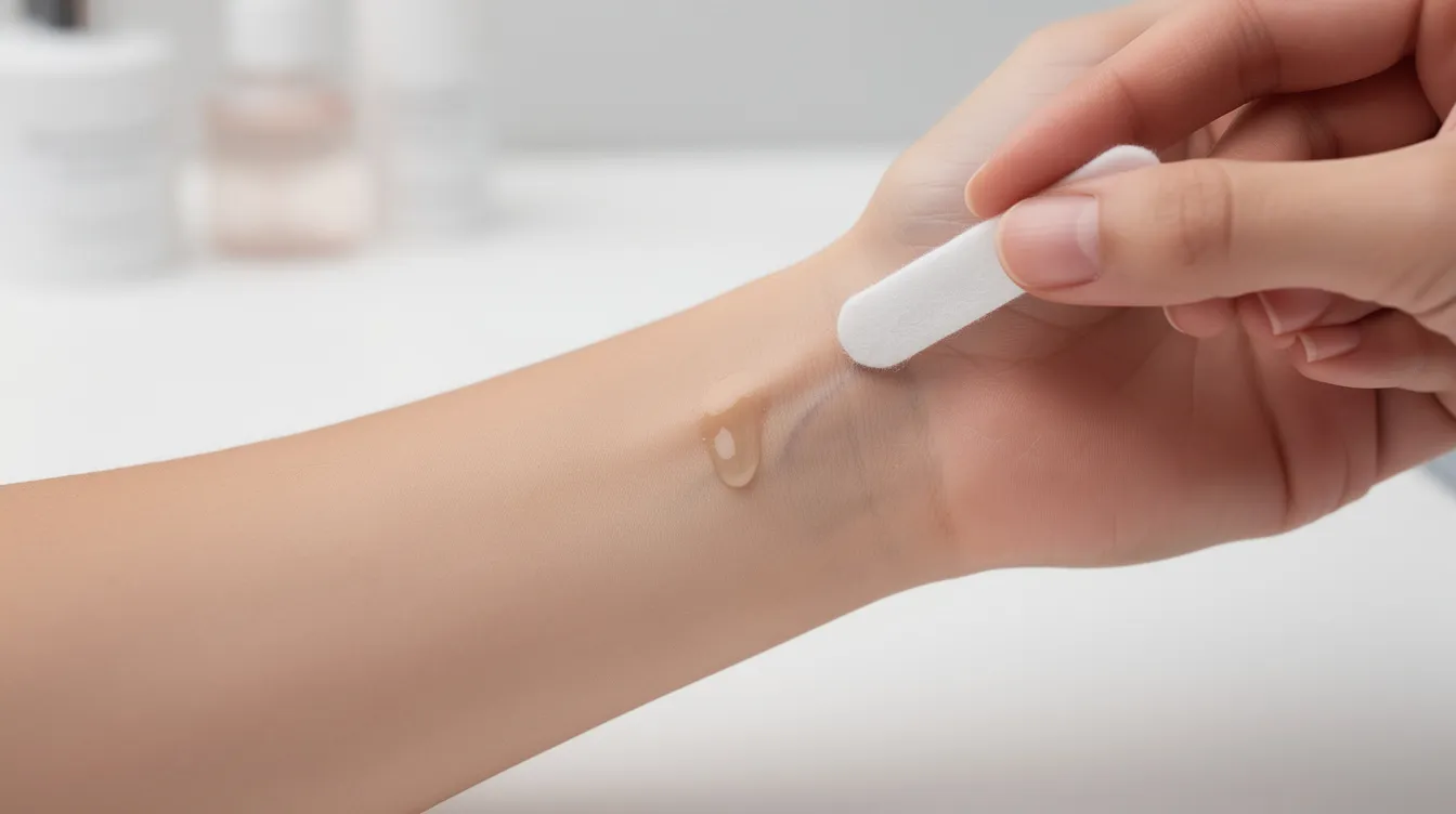 An individual is applying a small drop of diluted oregano essential oil to their inner forearm using a cotton swab for a skin patch test, assessing the oil's potential effects on their skin. This method helps to evaluate any adverse reactions before incorporating oregano oil into their skincare routine.