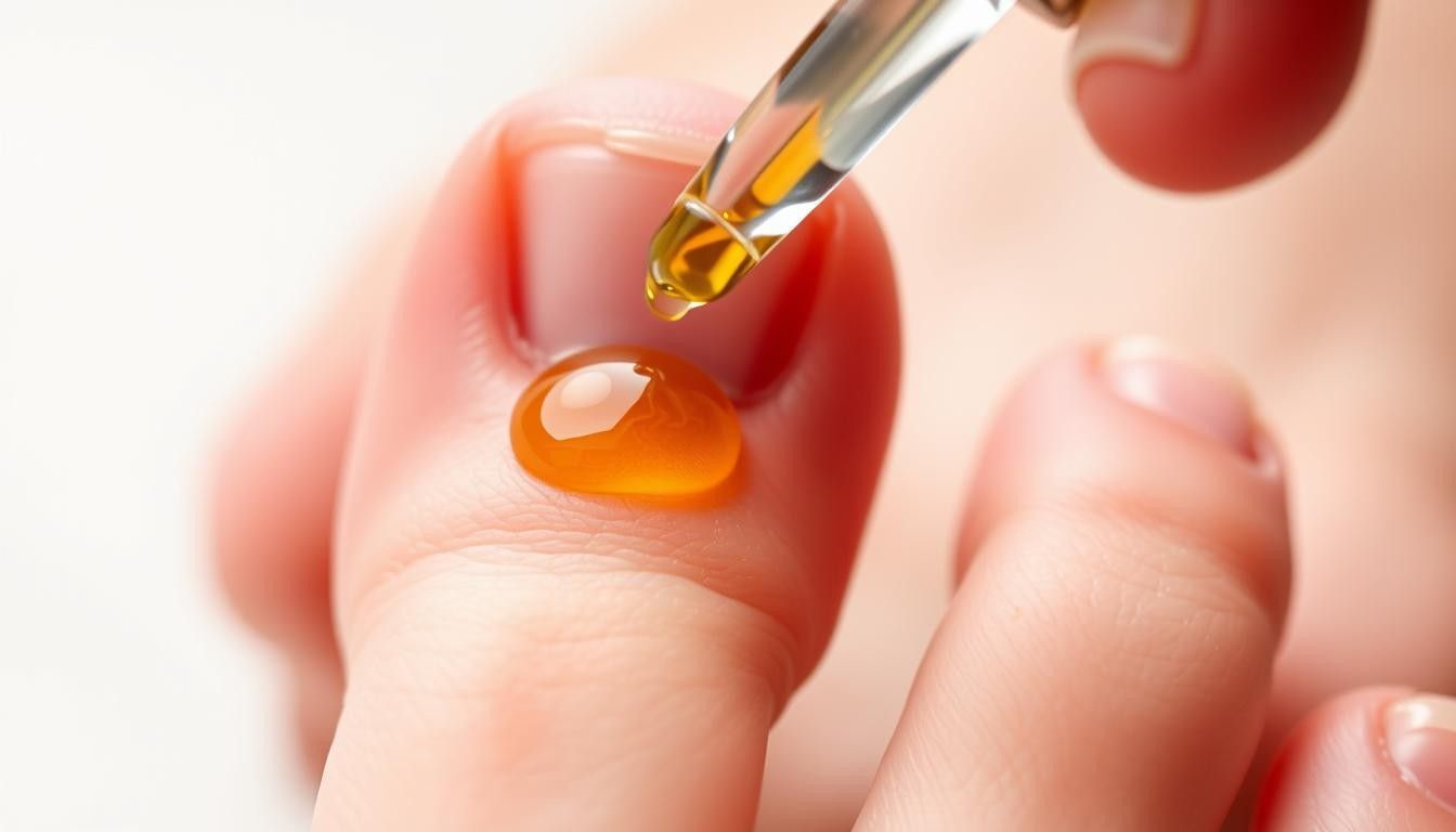 A woman is applying oil to her nails with a pipette.