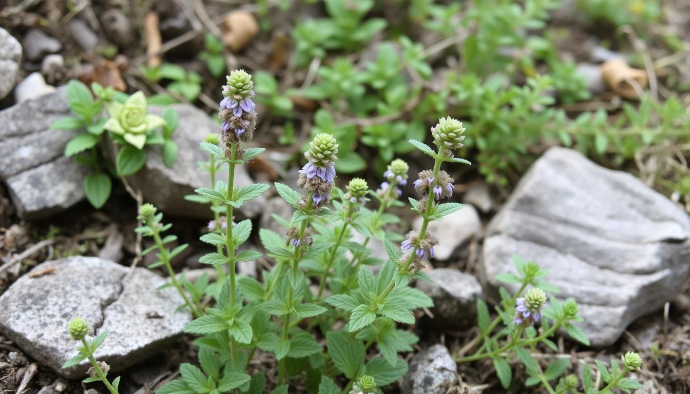 A plant with purple flowers is growing in the rocks.